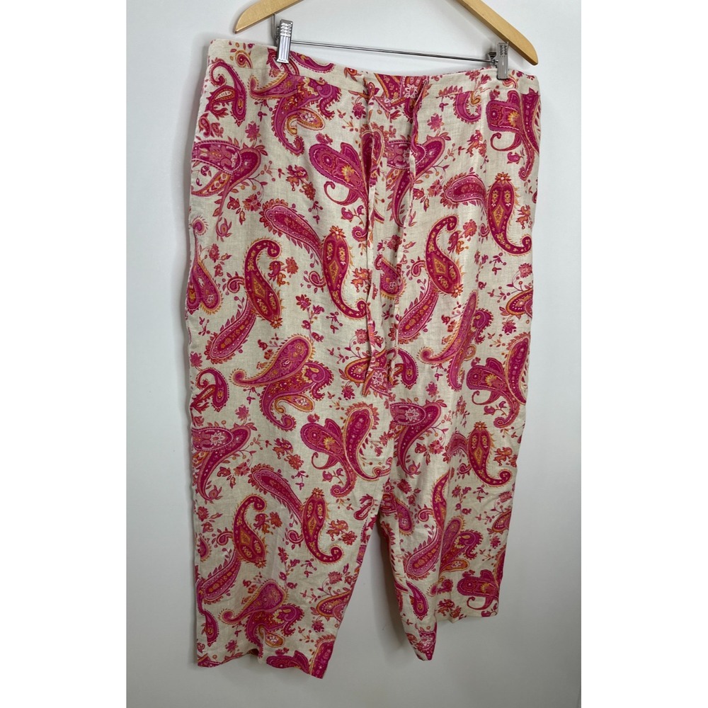 Units Woman Paisley 100% Linen Relaxed Pants Tan Pink Plus Size 2X Lagonlook - Picture 3 of 14